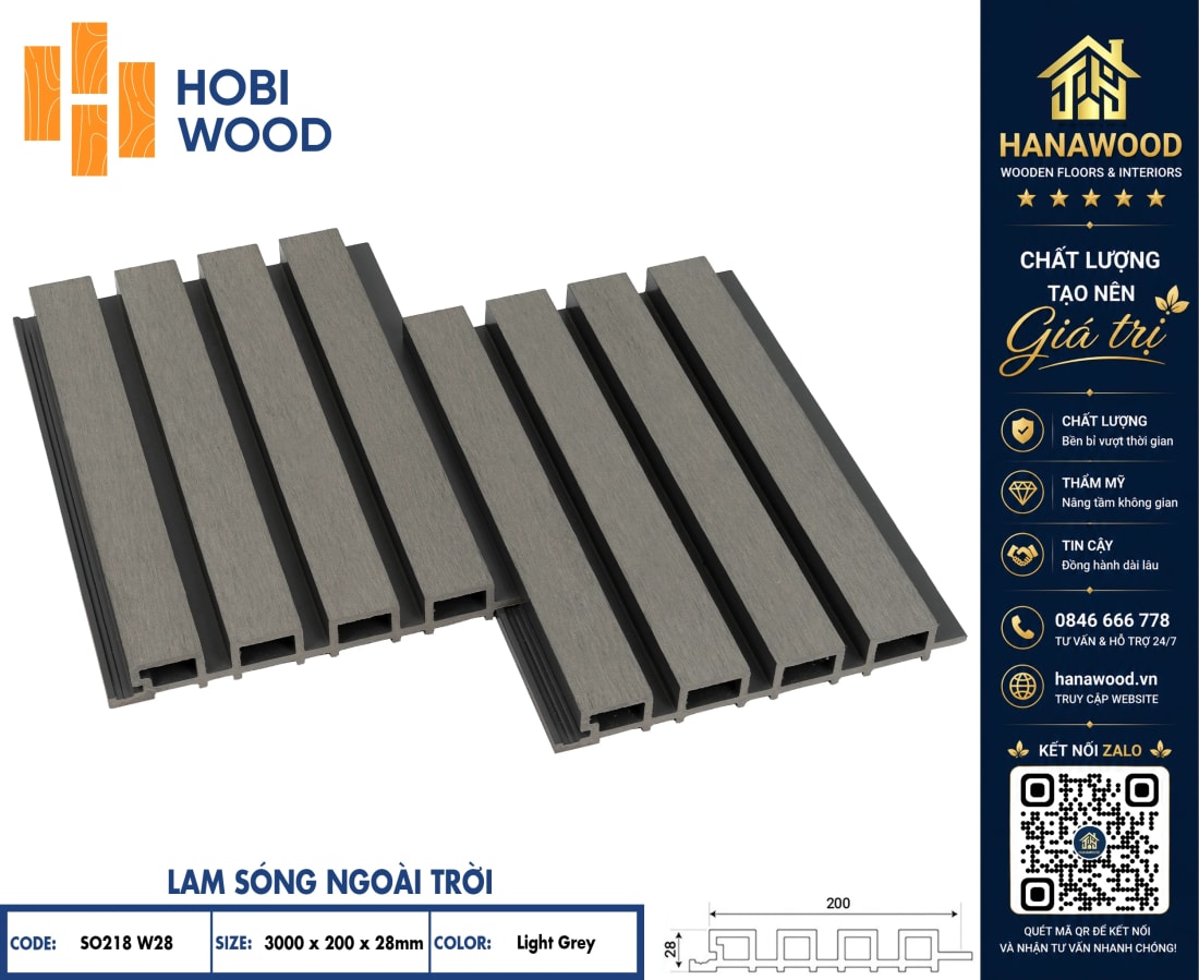 Tấm Ốp Lam Sóng Ngoài Trời Hobiwood SO218W28 Light Grey thiết kế khe rãnh mảng tường thẩm mỹ