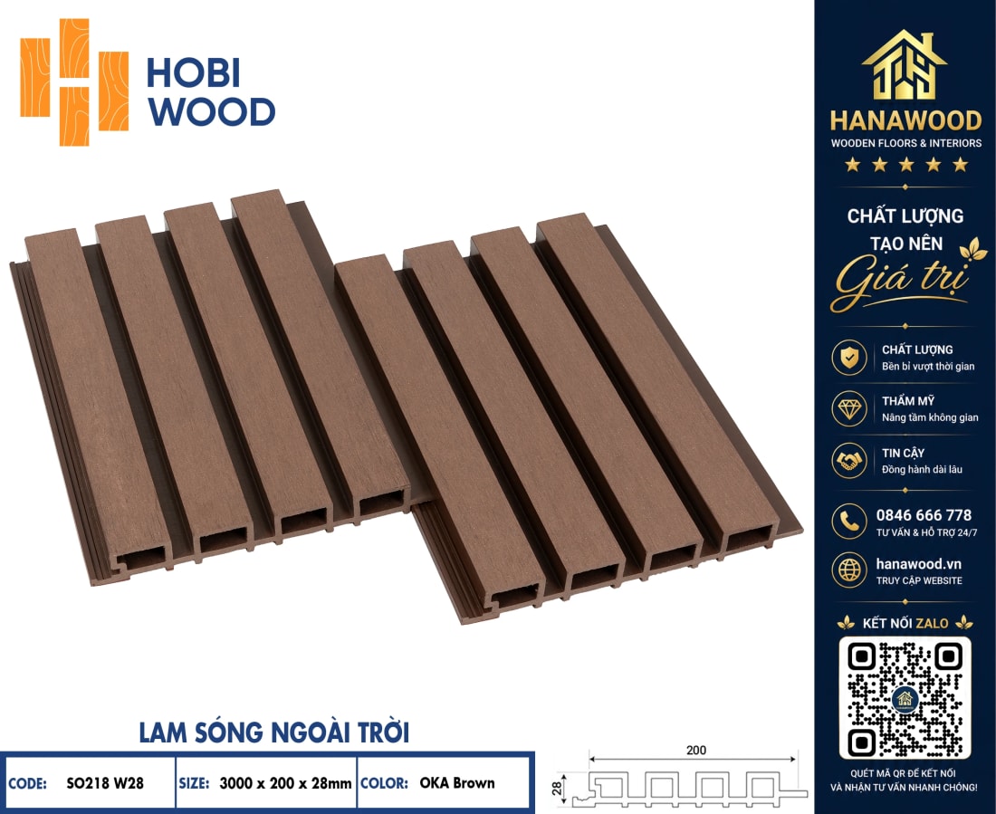 Tấm Ốp Lam Sóng Ngoài Trời Hobiwood SO218W28 Oka Brown chống bám bẩn dễ dàng vệ sinh lau chùi