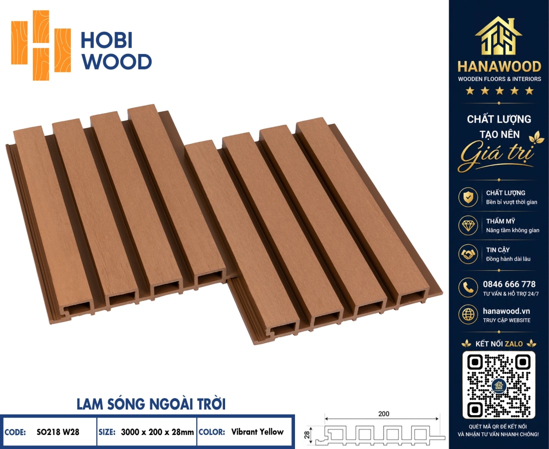 Lam Sóng Gỗ Nhựa Ngoài Trời Hobiwood SO218W28 Vibrant Yellow chất liệu composite nguyên sinh cao cấp