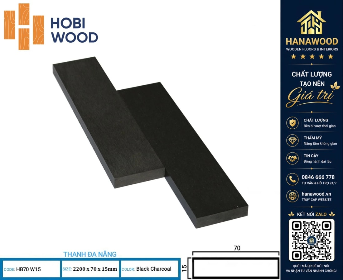 Thanh Lam Đa Năng Ngoài Trời Hobiwood HB70W15 Black Charcoal phôi composite chịu lực chống ẩm mốc
