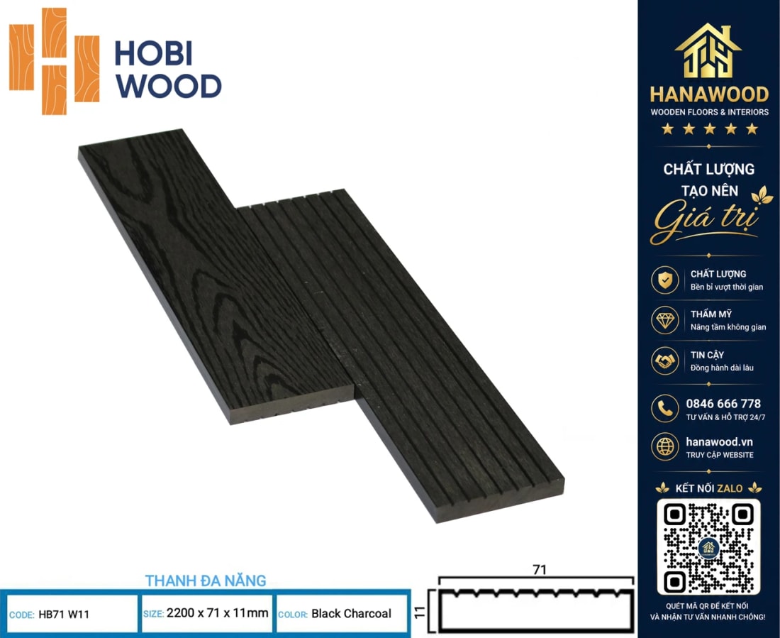 Thanh Lam Đa Năng Gỗ Nhựa Hobiwood HB71W11 Black Charcoal mảng tường trang trí siêu bền chịu lực