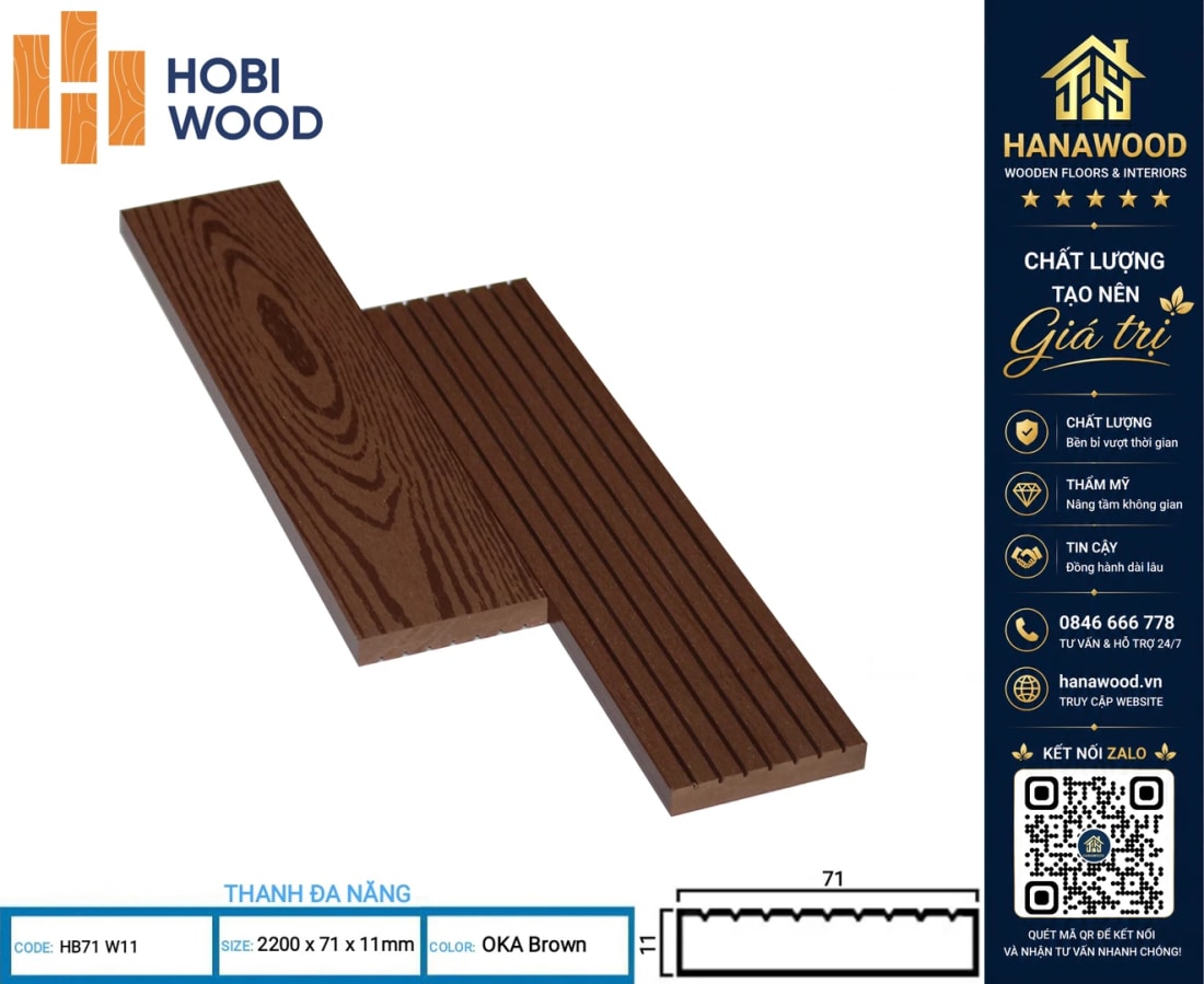 Thanh Lam Đa Năng Trang Trí Ngoài Trời Hobiwood HB71W11 OKA Brown bề mặt phủ vân chống bám bẩn