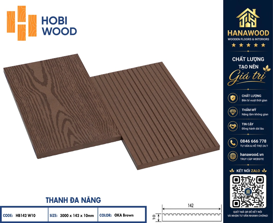 Thanh Lam Đa Năng Ngoài Trời Vân Gỗ Hobiwood HB142W10 OKA Brown bản rộng chắc chắn chịu nắng mưa