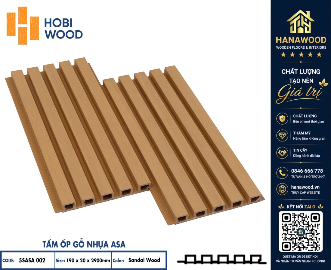 Tấm Ốp Lam 5 Sóng Phủ ASA Hobiwood 5SASA 002 Sandal Wood chống ngấm nước chịu va đập ngoài trời