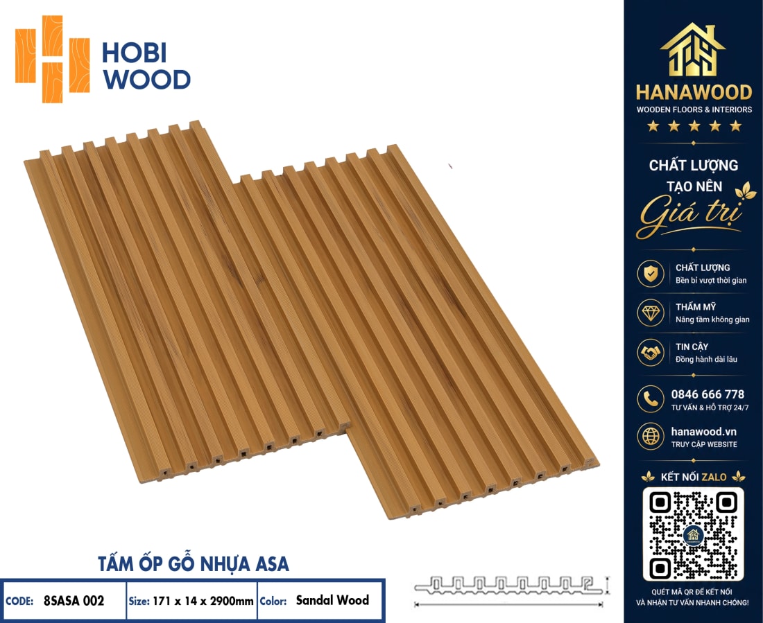 Lam 8 Sóng Ngoài Trời ASA Hobi Wood 8SASA 002 Sandal Wood màu gỗ tự nhiên giữ màu siêu bền