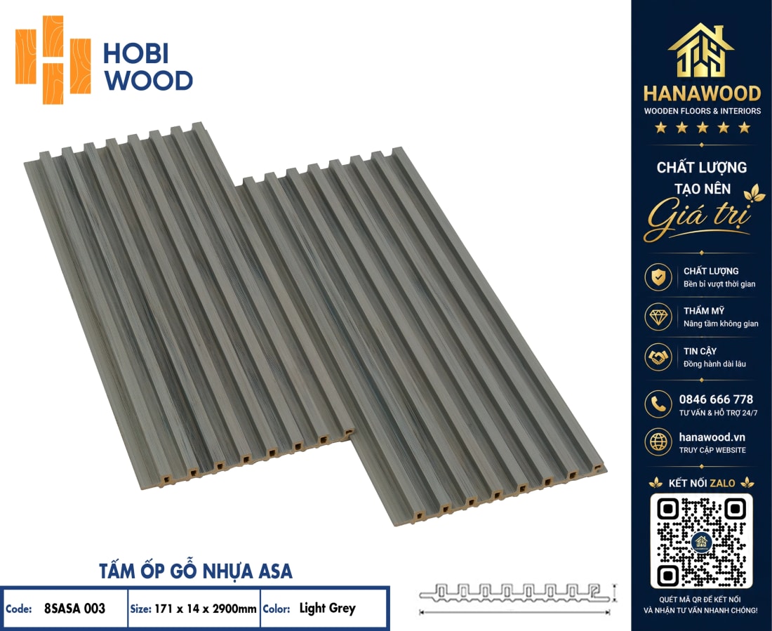 Lam 8 Sóng Ngoài Trời ASA Hobi Wood 8SASA 003 Light Grey tone xám sáng chống bám bẩn dễ lau chùi
