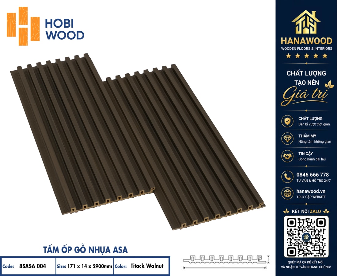 Lam Sóng Ngoài Trời Phủ ASA Hobiwood 8SASA004 Titack Walnut phôi nhựa ASA chịu mọi thời tiết