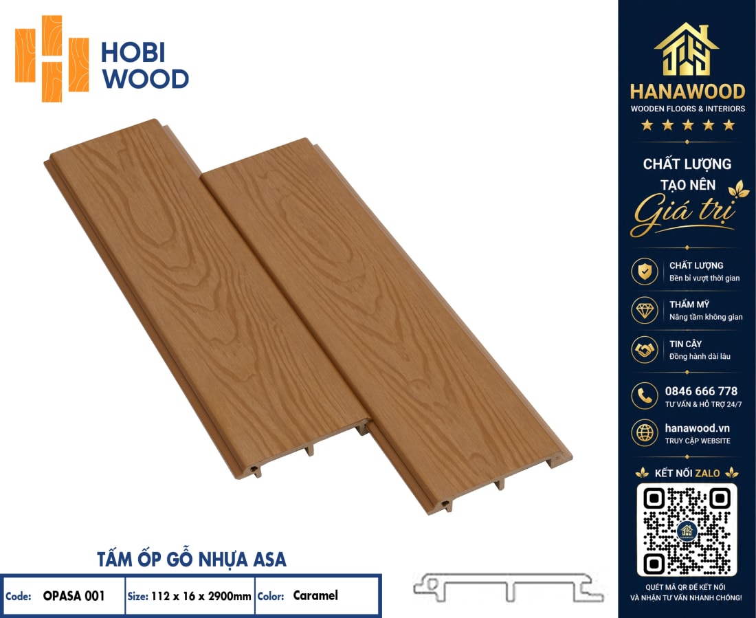 Tấm Ốp Gỗ Nhựa Ngoài Phủ ASA Hobiwood OPASA 001 Caramel bề mặt phủ ASA chống tia UV tuyệt đối