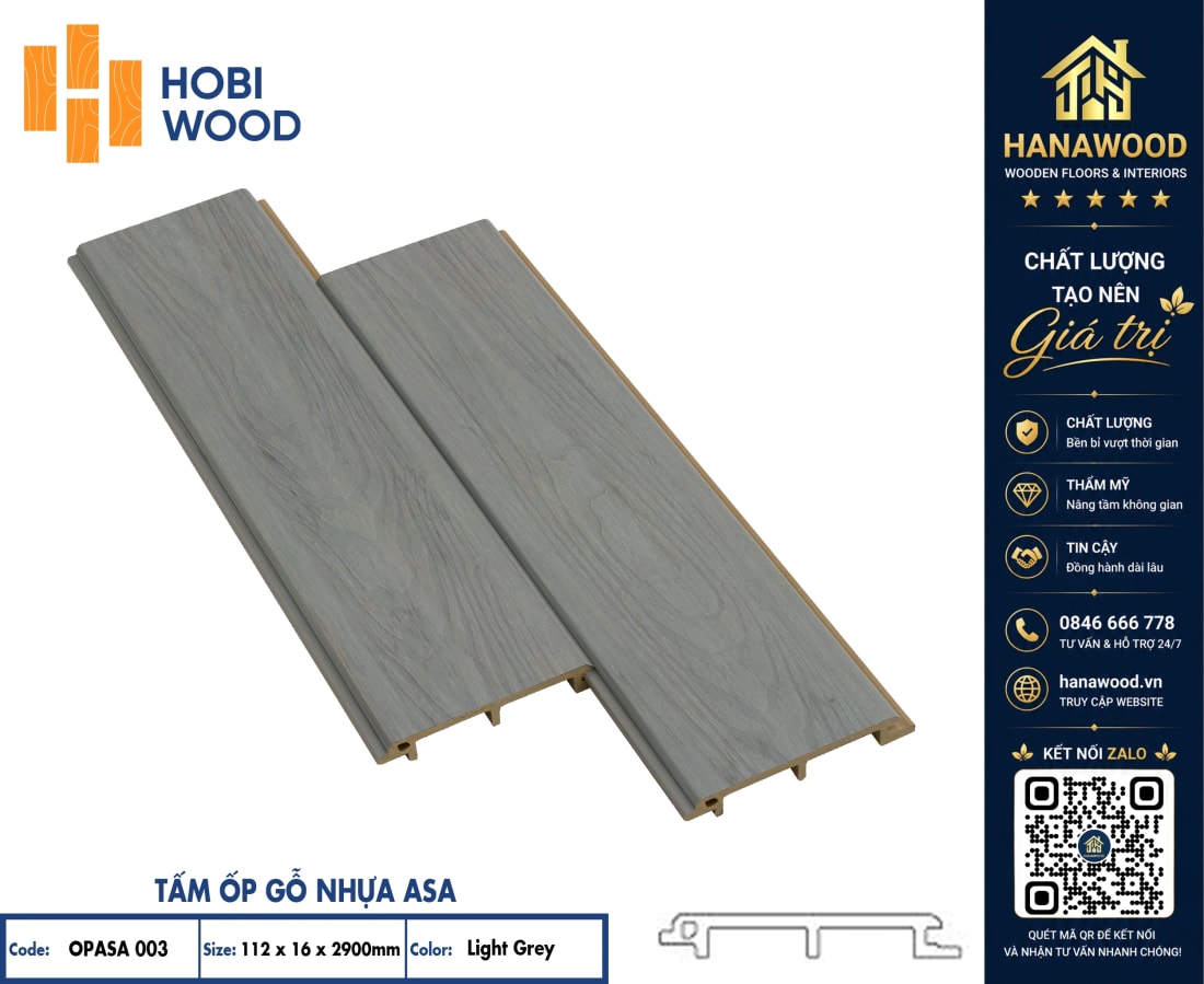Tấm Ốp Vách Ngoài Trời Phủ ASA Hobiwood OPASA 003 Light Grey mảng tường trang trí ngoại thất bền đẹp