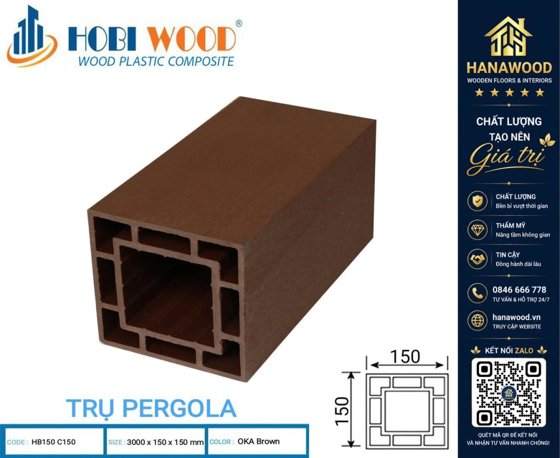 Lam Trụ Pergola Gỗ Nhựa Ngoài Trời Hobiwood HB150C150 Oka Brown chống nước mối mọt tuyệt đối