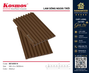 Tấm Lam Sóng Ốp Trần Phủ ASA Kosmos 8S169X14 Walnut kết cấu hèm khóa lắp ghép khít