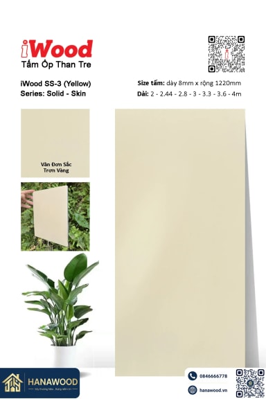 Tấm Ốp Sợi Than Tre Vân Đơn Sắc Trơn Vàng iWood SS-3 - Hanawood TP.HCM