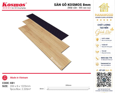 Lót Sàn Gỗ Kosmos K81 8mm Cốt Xanh Đế Cao Su Vân Sồi