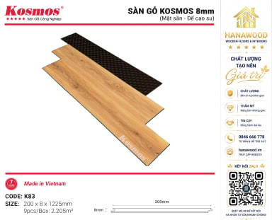Lót Sàn Gỗ Kosmos K83 8mm Cốt Xanh Đế Cao Su Màu Nâu Ấm