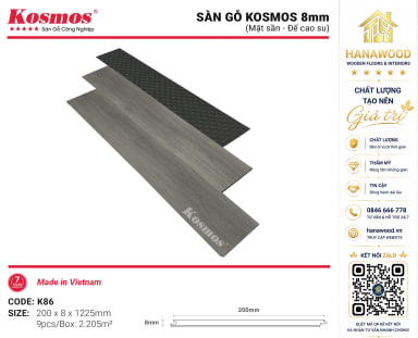 Lót Sàn Gỗ Kosmos K86 8mm Đế Cao Su Vân Gỗ Hiện Đại