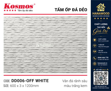 Tấm Ốp Đá Dẻo Kosmos DD006 3mm Vân Rãnh Sâu Trắng Kem thi công dán tường siêu nhẹ