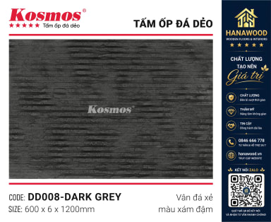 Tấm Ốp Tường Đá Dẻo Kosmos DD008 6mm Vân Đá Xẻ Xám Đậm bề mặt xẻ rãnh tự nhiên
