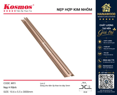 Nẹp H Rãnh Nối Tấm Ốp Than Tre 5mm Kosmos H11 Sâm Panh bề mặt mạ anod bền màu