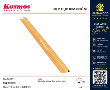 Nẹp H Rãnh Nối Tấm Ốp Than Tre 5mm Kosmos H11 Vàng sáng bóng hiện đại