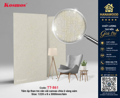 Tấm Ốp Than Tre Kosmos TT-861 Vân Vải Vàng Ánh Kim Chia Ô Xám độc đáo