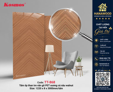 Tấm Ốp Than Tre Đa Năng Kosmos TT-868 Vân Gỗ Xương Cá Nâu PET