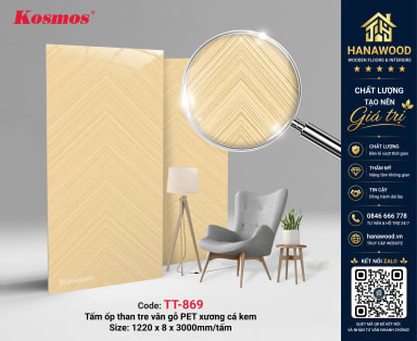 Tấm Than Tre Kosmos TT-869 Vân Gỗ Xương Cá Vàng Kem PET ấm cúng