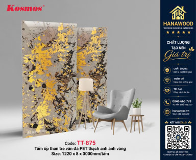 Ốp Tường Than Tre Kosmos TT-875 Vân Đá PET Thạch Anh Ánh Vàng
