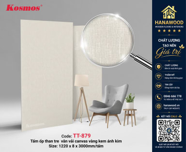 Tấm Ốp Tường Than Tre Kosmos TT-879 Vân Vải Canvas Vàng Kem Ánh Kim