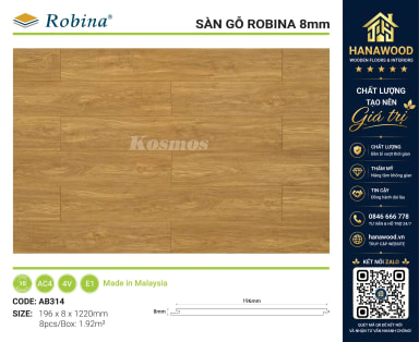 Sàn Gỗ Công Nghiệp Robina AB314 8mm Vân Gỗ Nâu Vàng bề mặt sần AC4 chống xước