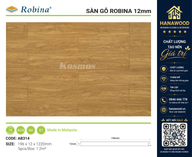 Sàn Gỗ Công Nghiệp Robina AB314 12mm Vân Gỗ Nâu Vàng cốt gỗ HDF nhập khẩu Malaysia