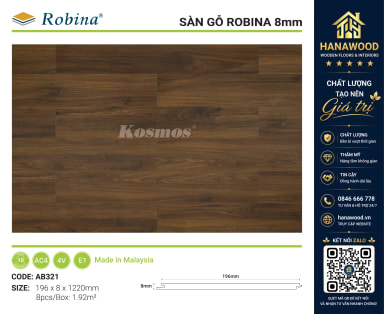 Sàn Gỗ Công Nghiệp Robina AB321 8mm Vân Gỗ Căm Xe sang trọng chống mối mọt