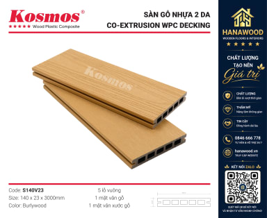 Sàn Gỗ Nhựa Lỗ Vuông 2 Da Kosmos S140V23 Burlywood thoát nước cực nhanh