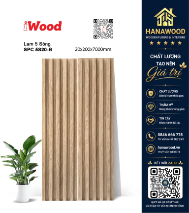 Tấm Nhựa Ốp Tường Lam Sóng Giả Gỗ iWood 5S20-B bề mặt phủ film vân gỗ chống bám bụi