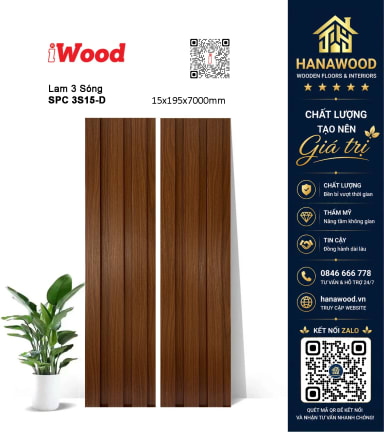 Tấm Lam Sóng Giả Gỗ Nhựa Ốp Tường iWood 3S15-D chất liệu PVC cao cấp chịu lực tốt