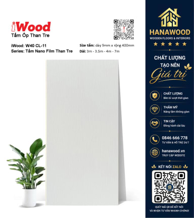 Tấm Ốp Than Tre Giả Vân Vải Nổi Gỗ Trắng iWood CL-11 bề mặt phủ cao cấp không bám bụi