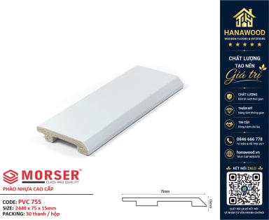 Len Chân Tường Nhựa PVC Màu Trắng Trơn Morser PVC755 Cao 75mm màu trắng hiện đại trang nhã