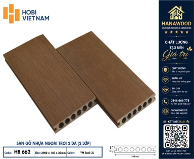 Sàn Gỗ Nhựa Lỗ Tròn 2 Lớp Phủ Polymer Hobiwood HB662 YM Teak chống nước trơn trượt hiệu quả