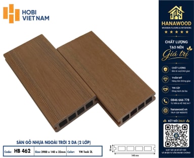 Sàn Lỗ Vuông Gỗ Nhựa 2 Lớp Phủ Polymer Hobiwood HB462 YM Teak phôi nhựa composite siêu bền