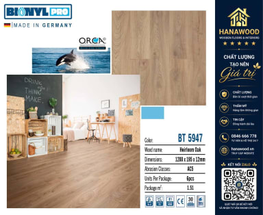 Sàn Gỗ Công Nghiệp Binyl BT5947 Cốt Đen Dày 12mm màu xám sồi Châu Âu hèm khóa Micro-V khít