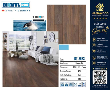 Sàn Gỗ Công Nghiệp Binyl BT8633 Cốt Đen Dày 12mm màu xám đậm sang trọng cốt HDF chịu lực va đập