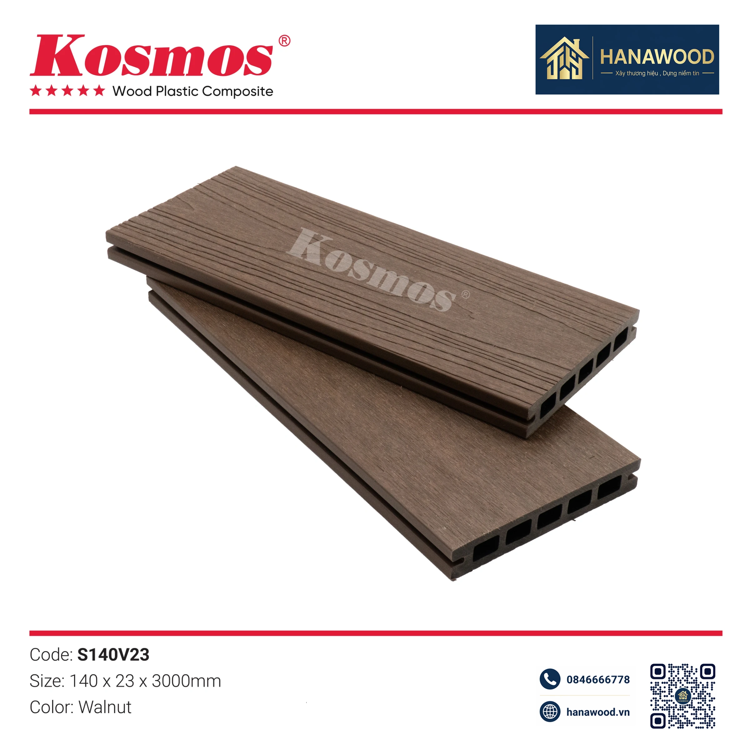 Sàn Ngoài Trời Lỗ Vuông 2 Lớp Phủ Polymer Kosmos S140V23 Walnut