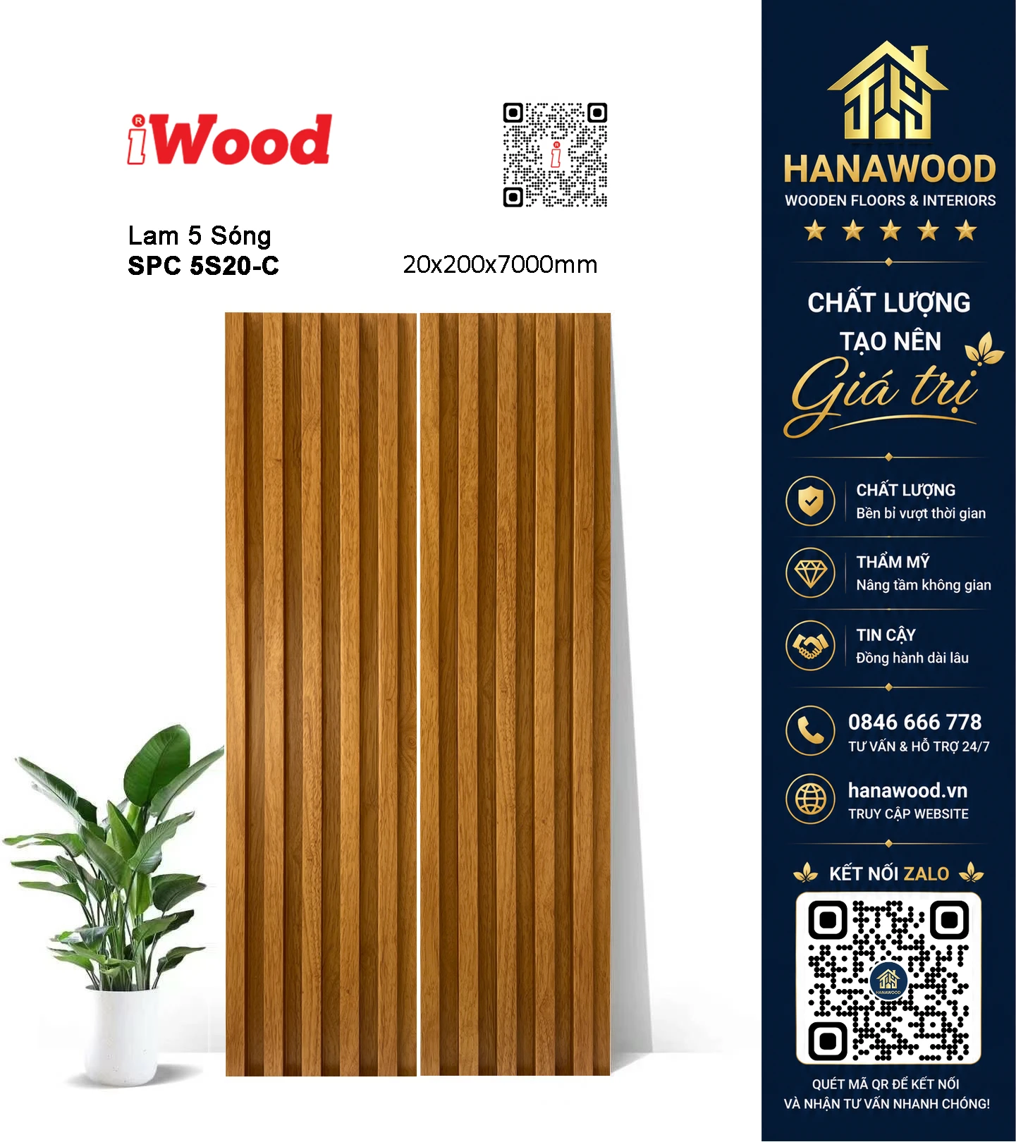 Tấm Lam Sóng Ốp Trần Nhựa Giả Gỗ iWood 5S20-C