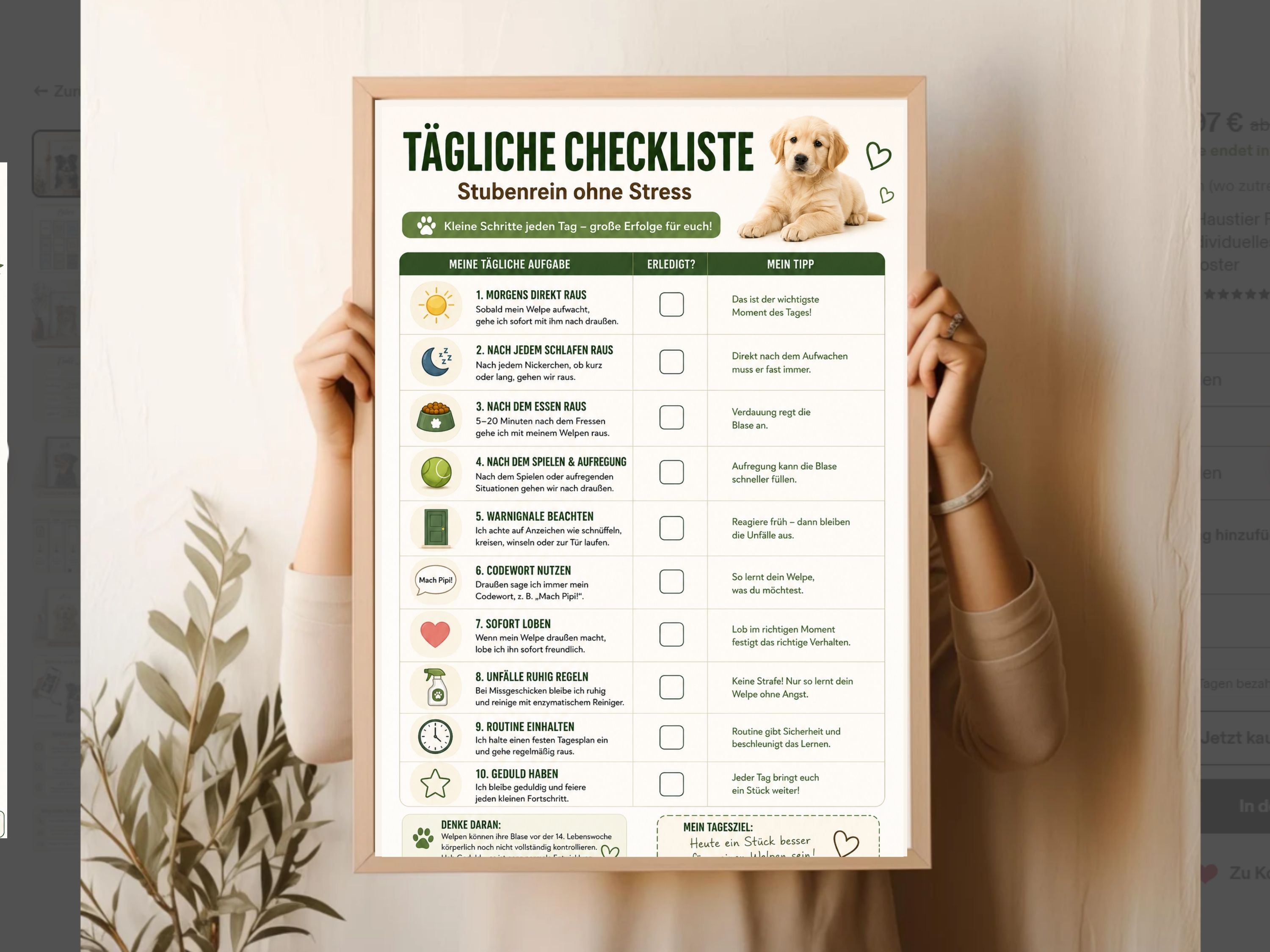 Tägliche Welpen-Checkliste als Wandposter: So wird dein Hund konsequent stubenrein