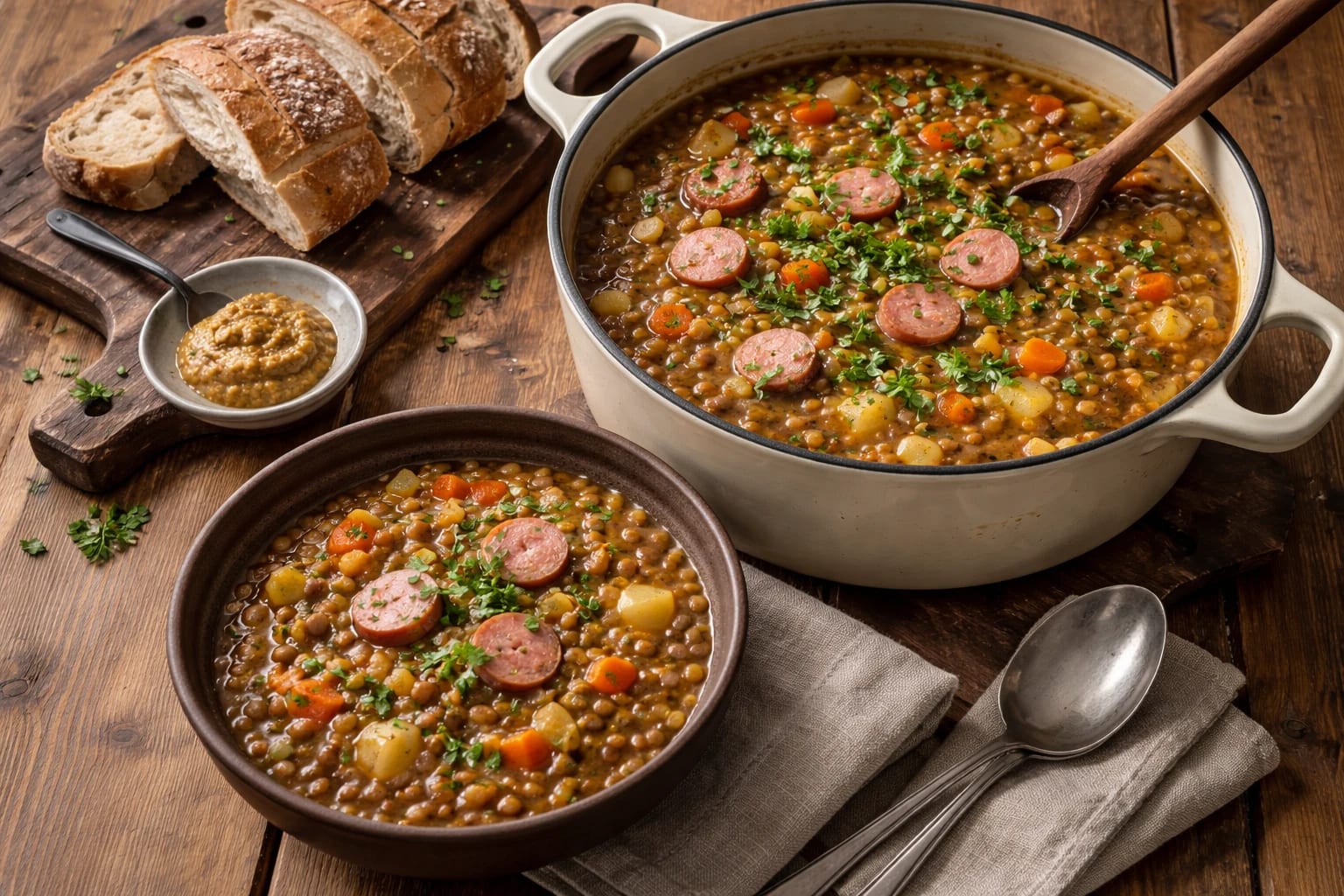 Kräftiger One-Pot-Linseneintopf mit Würstchen und Kartoffeln