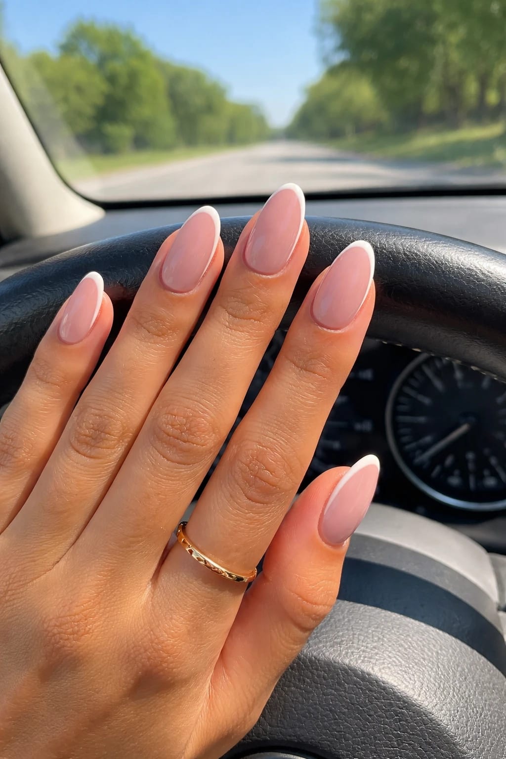 7. Soft Pink Almonds with Skinny White Tip Outlines
