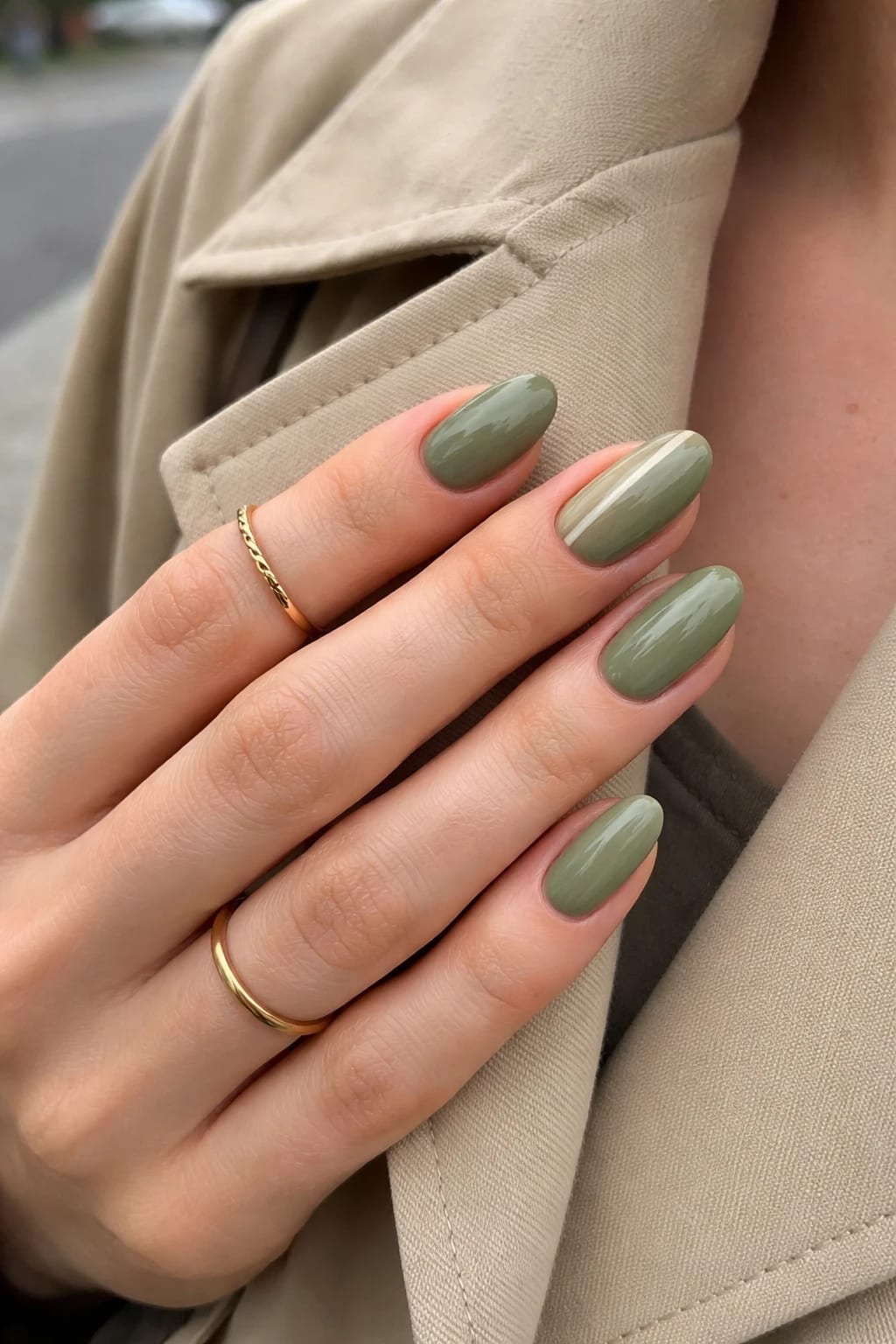 Muted Olive Almonds with a Chic Stripe Accent
