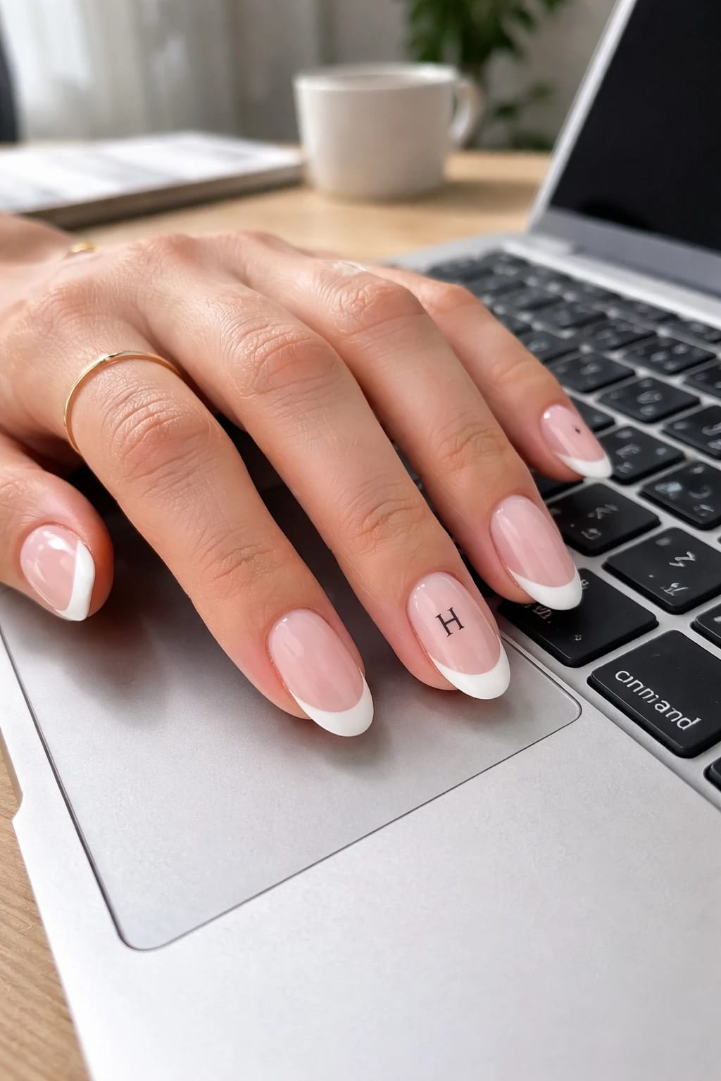 Short Almond French Work Nails With A Discreet H Initial
