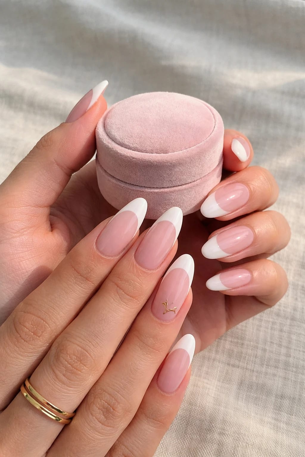 Classic Almond French Engagement Nails With A Tiny Gold Initial