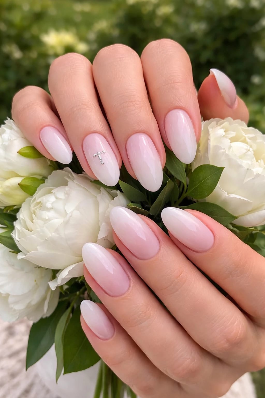 Milky Bridal Almond Nails With A Sparkling T Initial