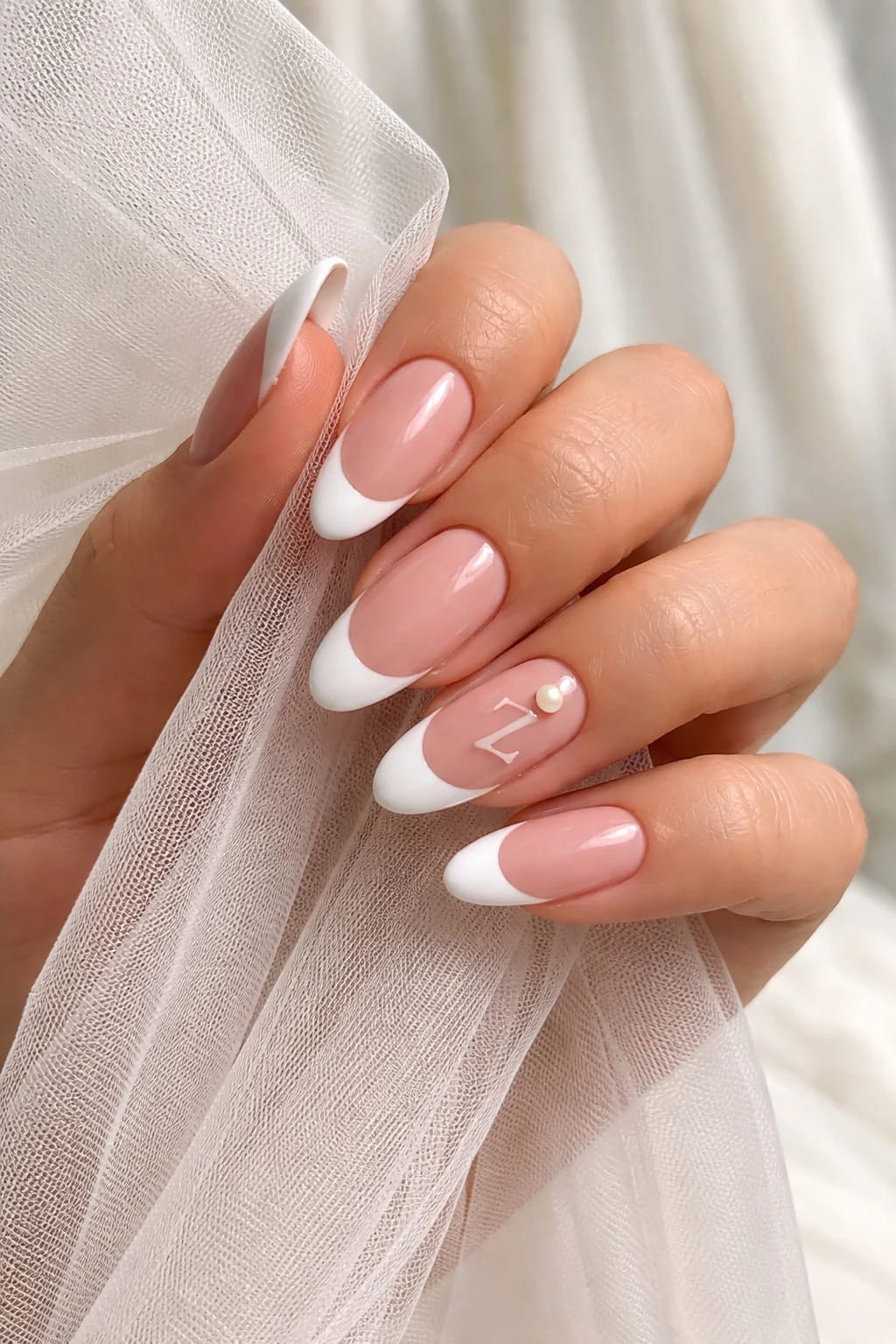 Bridal French Tips With A Pearl And Secret Z Initial